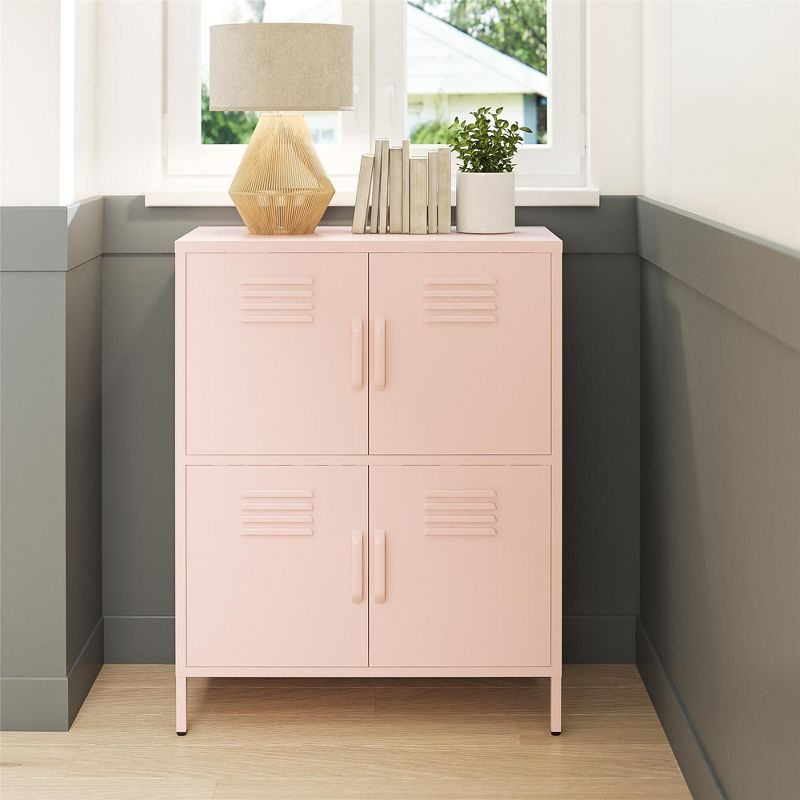 RealRooms Shadwick 4 Door Metal Locker Style Accent Storage Cabinet, Pale Pink