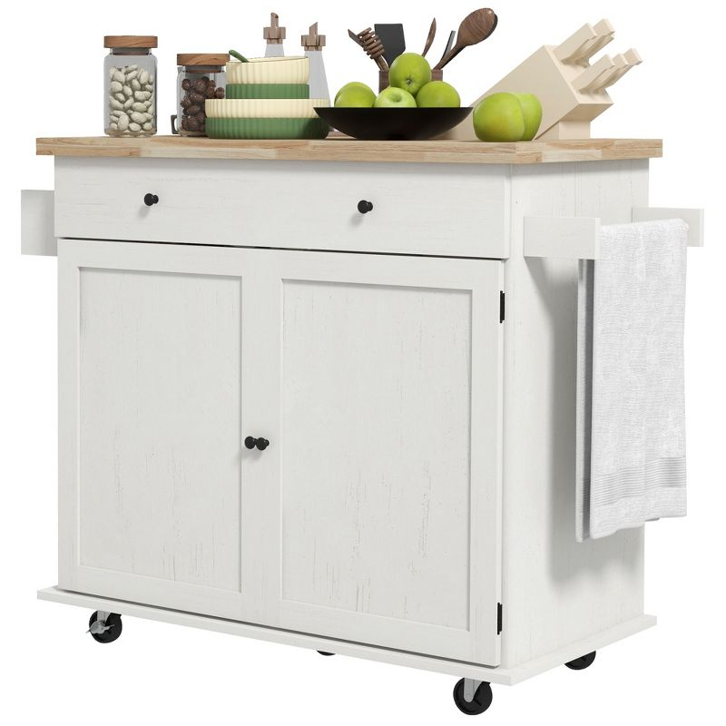 HOMCOM Rolling Kitchen Island with Storage Drawer, Wood Breakfast Bar Kitchen Island Cart 2 Doors, Spice Rack, Towel Racks and 2 Hooks, White
