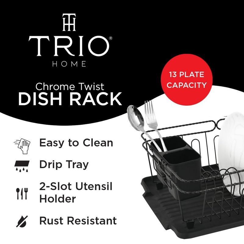 Trio Home Stainless Twist Design 3-Piece Dish Drying Drainer Rack, Removable Utensil Holder and Drainboard - Black/Black Twist