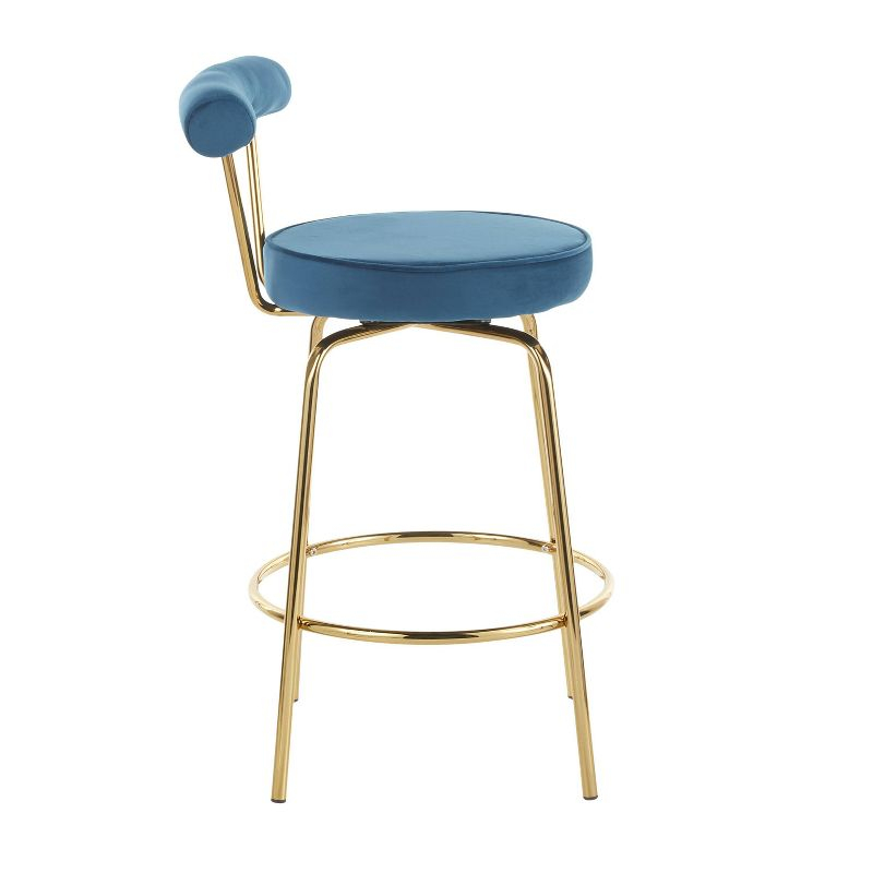 Set of 2 Rhonda Glam Counter Height Barstools Blue Velvet - LumiSource: Gold Finish, Metal Frame, Swivel, 25.5" Seat Height