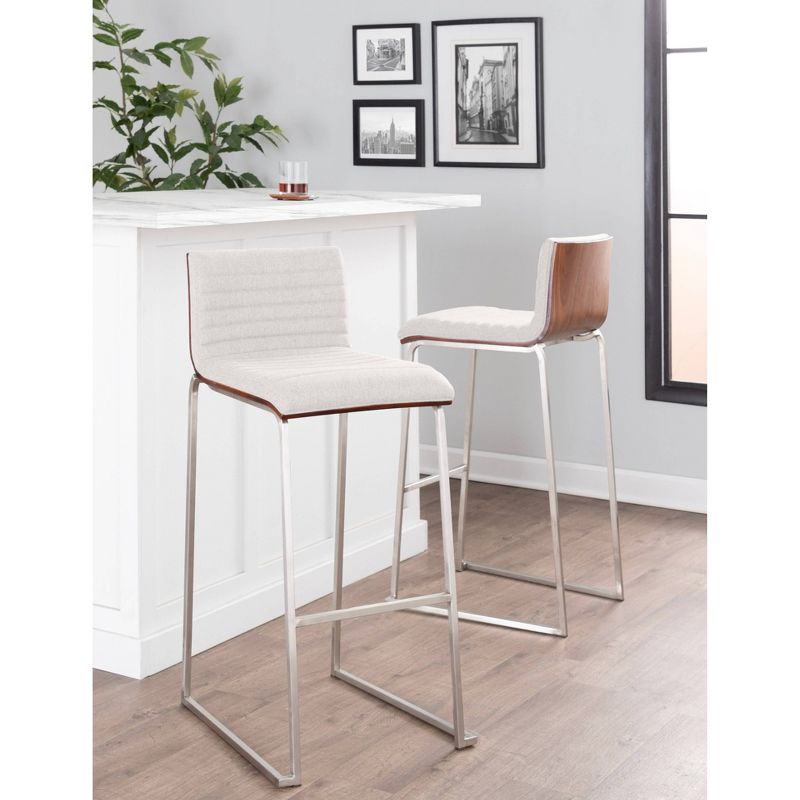 Set of 2 Mason Mara Barstools Stainless Steel/Walnut/Cream - LumiSource: Upholstered, Fixed Height, Foam Filled