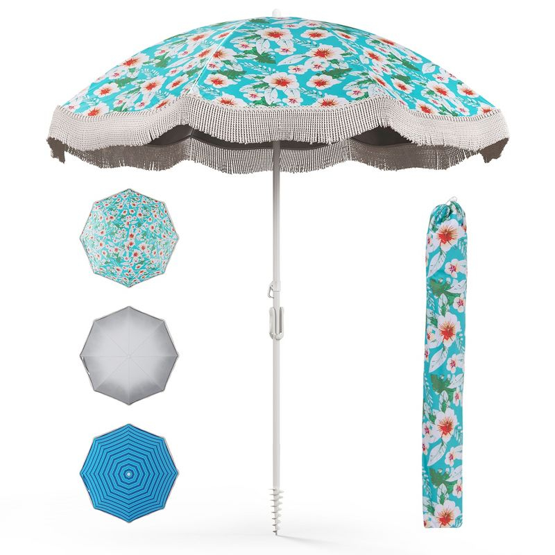 Tangkula 6.5 FT Beach Umbrella w/ Fringe Tassel Umbrella w/ Push Button Tilt Sand Anchor Green
