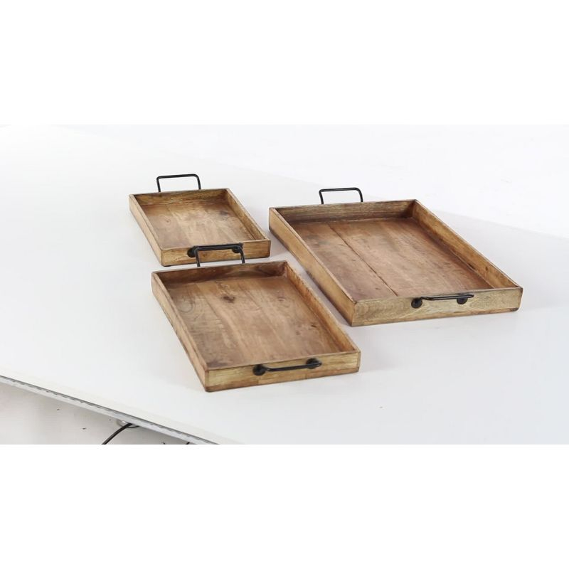 Set of 3 Farmhouse Slat Style Mango Wood and Iron Trays Brown - Olivia & May: Ottoman, Basket Design, 24-Inch