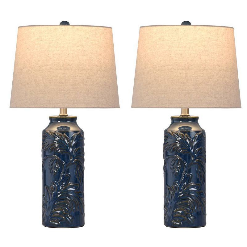 Set of 2 Cloverfield Ceramic Table Lamps Navy Blue - StyleCraft: Botanical Pattern, White Linen Shade