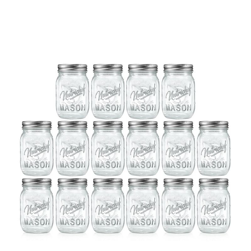 NutriChef 16 Pcs. Glass Mason Jars with Regular Lids and Bands, DIY Magnetic Spice Jars, Ideal for Meal Prep, Jam, Honey, Wedding Favors, and more