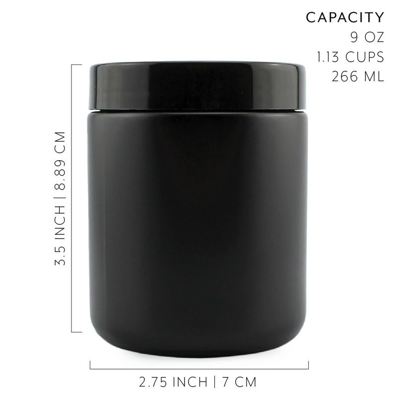 Cornucopia Brands 8oz /9oz Black Matte Coated Glass Cosmetic Jars (6pk) w/ Black Plastic Lids; Straight Sided for Body Butter, Creams, Scrubs
