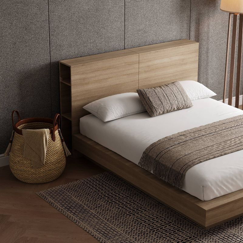 Nexera Queen Marconi Platform Bed Set Brown Oak: Modern Style, Wood Composite, Storage Headboard
