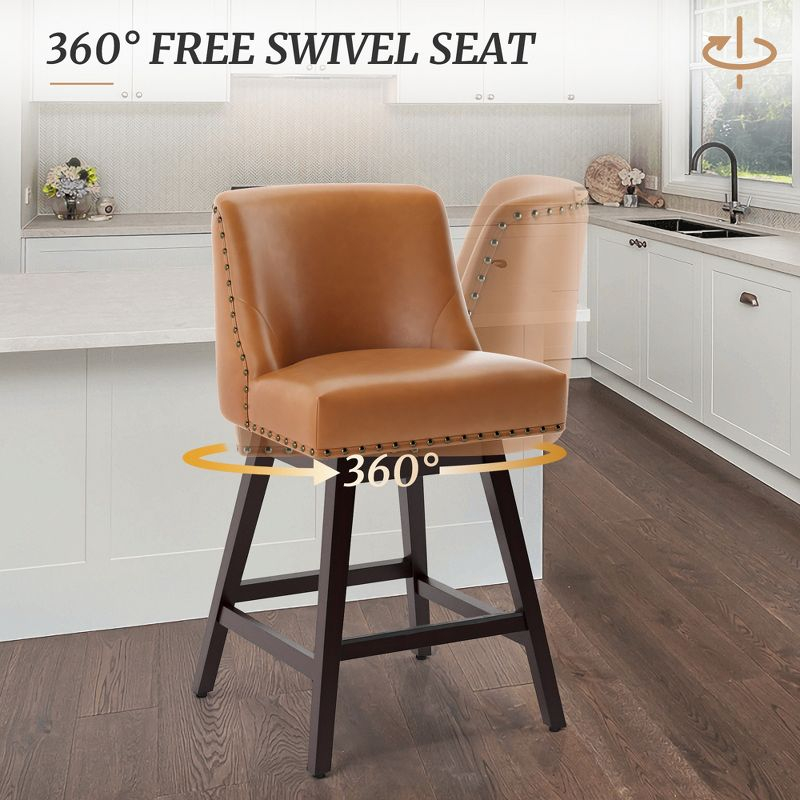 Arceso Bar Stools Set of 2, 26 Inch Swivel Counter Stools with Back, Faux Leather Upholstered Barstools, Solid Wood Legs with Footrest,  for Kitchen