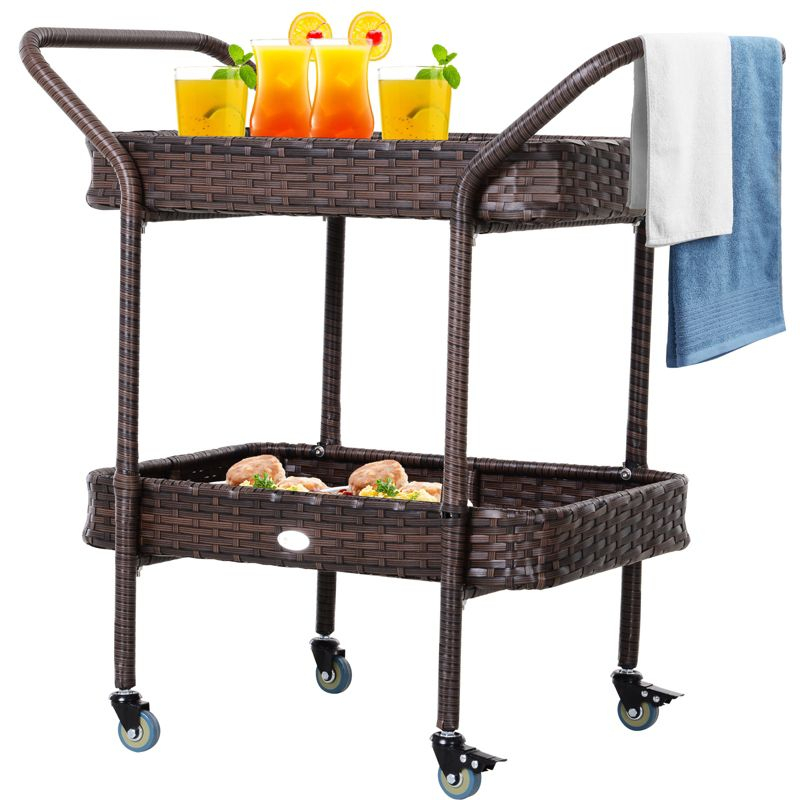 Outsunny Rattan Wicker Serving Cart with 2-Tier Open Shelf, Outdoor Wheeled Bar Cart with Brakes for Poolside, Garden, Patio