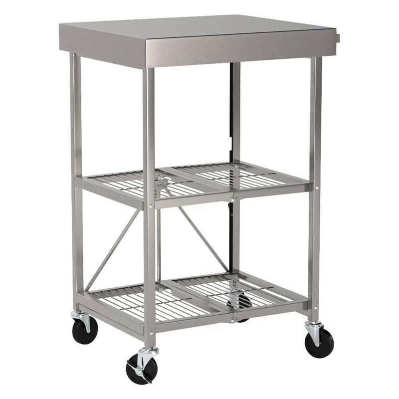 Origami RBT Fully Stainless Steel Foldable Kitchen Cart with 4 Professional Grade Caster Wheels Holds Up To 100 Pounds, Silver