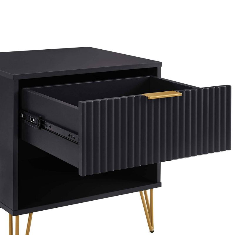 Manhattan Comfort Dumbo Nightstand with Drawer Black: Modern Design, Splayed Metal Legs, Soft Close Storage