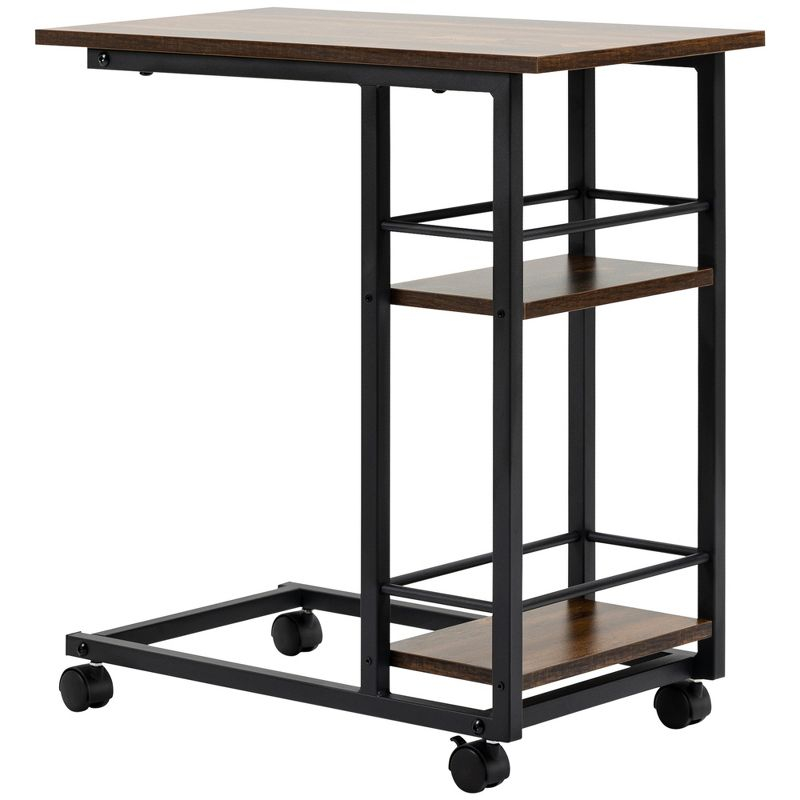 HOMCOM C Shaped End Table with Storage Shelves, Mobile Side Table with Wheels for Sofa Couch, Bed, Metal Frame
