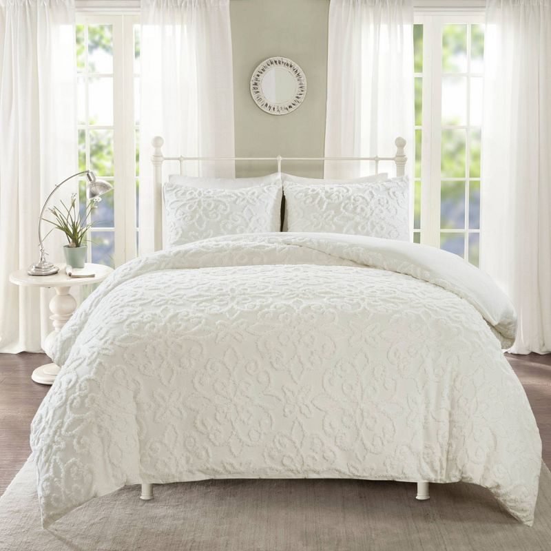 Amber King/California King 3pc Tufted Cotton Chenille Duvet Cover Set White: Madison Park, OEKO-TEX Certified, Shabby Chic Style