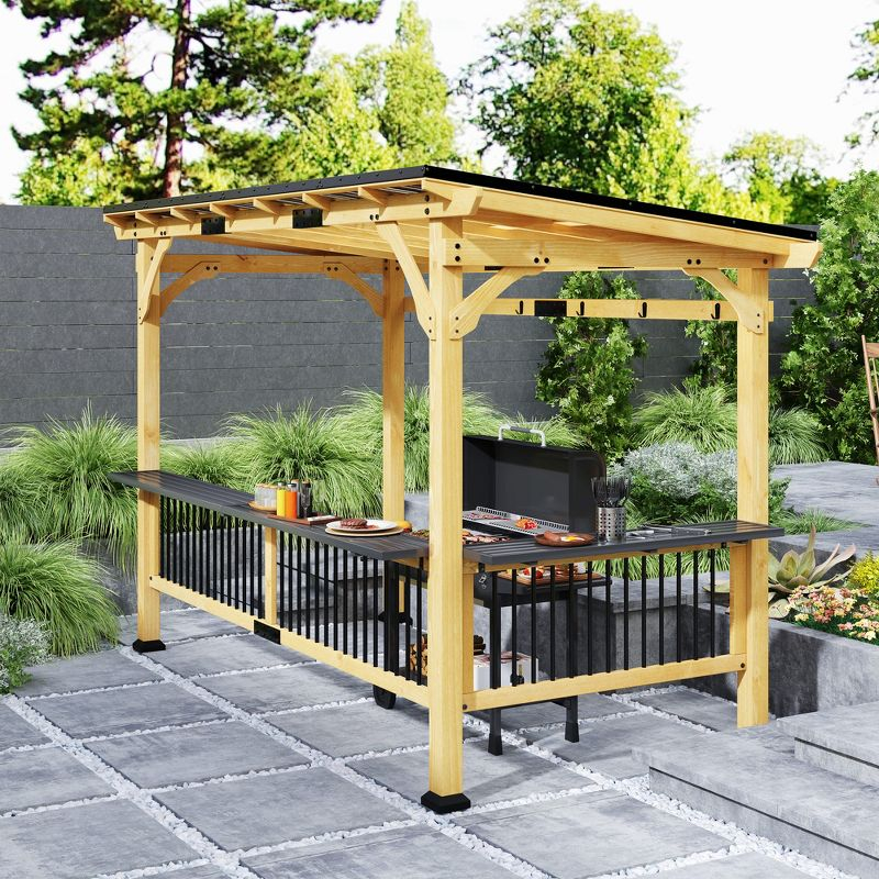 Outsunny 13' x 6' Wooden Grill Gazebo, Hardtop Outdoor BBQ Gazebo with with Metal Roof, 2 Bar Shelves and 6 Hooks for Patio, Deck, Yard, Natural