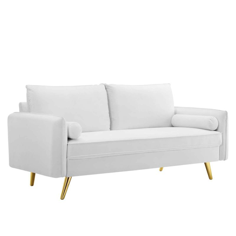 Revive Performance Velvet Sofa White - Modway: Upholstered Couch with Gold Legs & Bolster Pillows