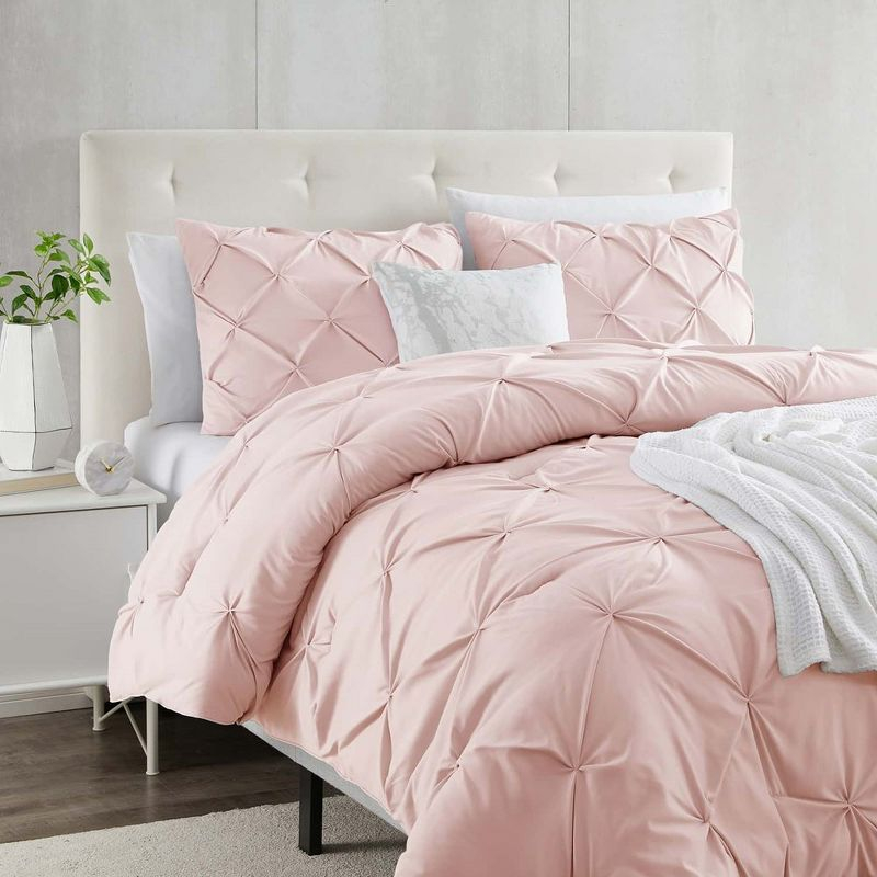 Nestl 3 Piece Pinch Pleated Duvet Cover Set, Full Size Pintuck Duvet Cover with Button Closure, Blush