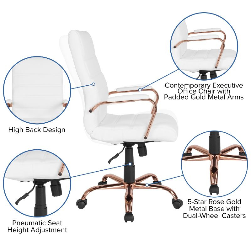 Emma and Oliver High Back White LeatherSoft Executive Swivel Office Chair - Rose Gold Frame/Arms