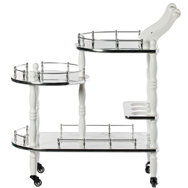 Fabulaxe Wood Serving Bar Cart Tea Trolley with 3 Tier Shelves and Rolling Wheels, Silver, White and Gray