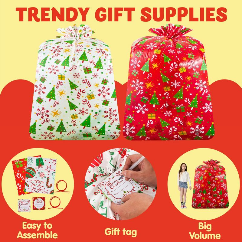 JOYFY 2 PCS Jumbo Christmas Bike Bags with Gift Tags - 72” x 60” Bags for Xmas Gift - Red + White