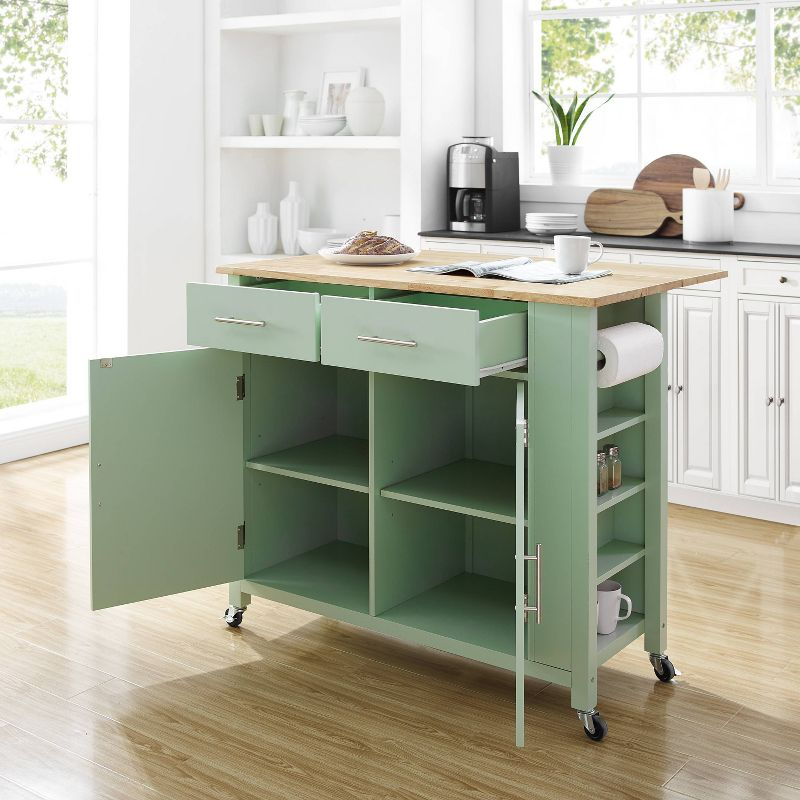 Savannah Wood Top Drop Leaf Kitchen Island/Cart Mint - Crosley: Adjustable Shelves, Spice Rack, Caster Wheels