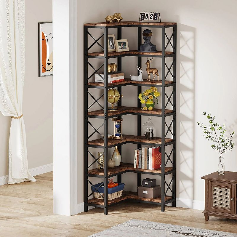 Hommoo 7-Tier Tall Corner Bookshelf Rustic Brown
