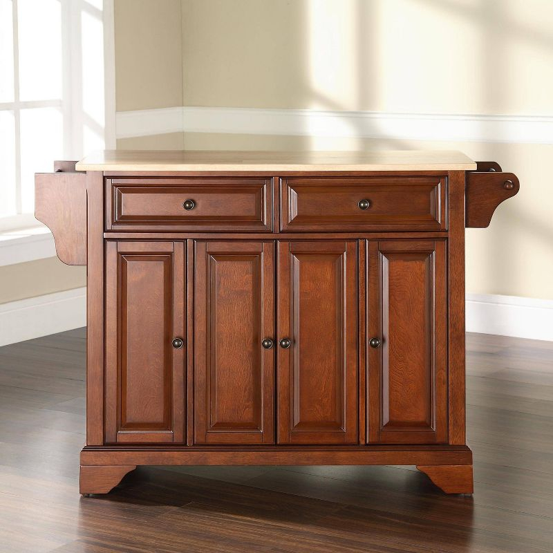 Crosley Lafayette Wood Top Full Size Kitchen Island/Cart Cherry/Natural: With Adjustable Shelves, Towel Bar, 5 Drawers