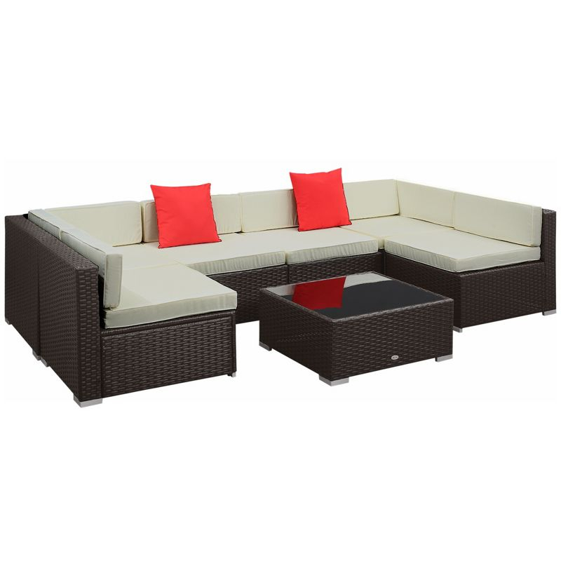 Outsunny 7 Piece Outdoor Patio Furniture Set, PE Rattan Wicker Sectional Sofa Set with Couch Cushions, Pillows, Coffee Table, Beige