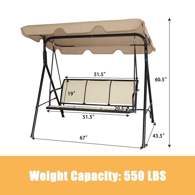 Costway Outdoor Patio Swing Canopy 3 Person Canopy Swing Chair Patio Hammock Brown