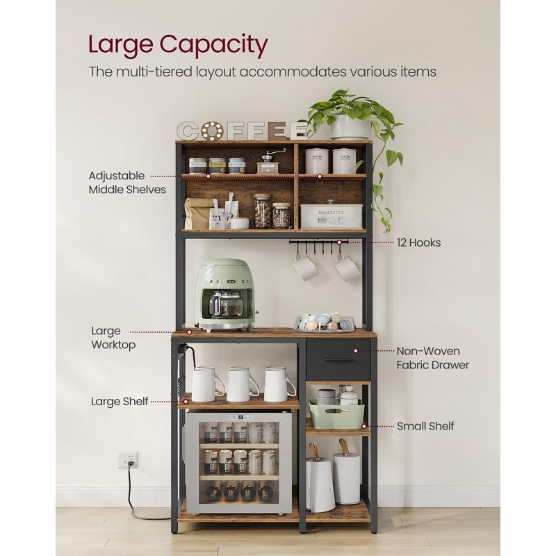 VASAGLE Bakers Rack with Charging Station, Coffee Bar with Adjustable Storage Shelves, Kitchen Microwave Stand, Rustic Brown and Ink Black