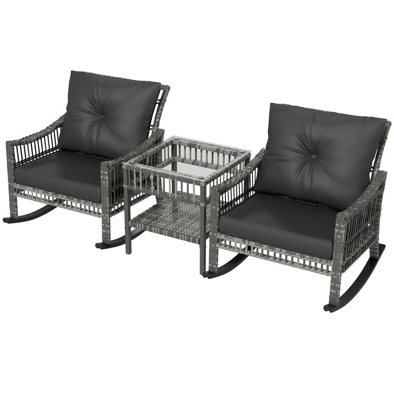 Outsunny Wicker Outdoor Rocking Chair Set, 3 Piece Patio Furniture Set with Padded Cushions and Storage Table, 2-Seater Rattan Bistro Set, Gray