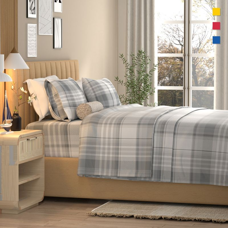 Color Sense 100% Cotton Percale Cool & Crisp 3-Piece Sheet Set Twin Hudson Plaid Grey