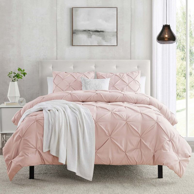 Nestl 3 Piece Pinch Pleated Duvet Cover Set, Full Size Pintuck Duvet Cover with Button Closure, Blush