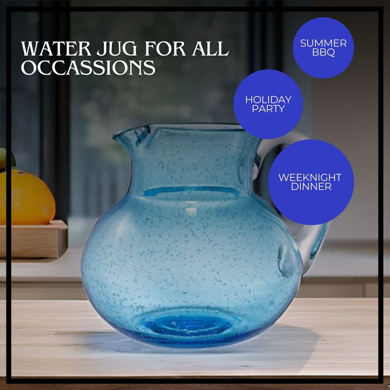 Artland Iris 90oz Hand Blown Pitcher & Set of 4 17oz Highball Glasses, Unique Bubble Design, Lead-Free Glass for Serving Beverages - Turquoise