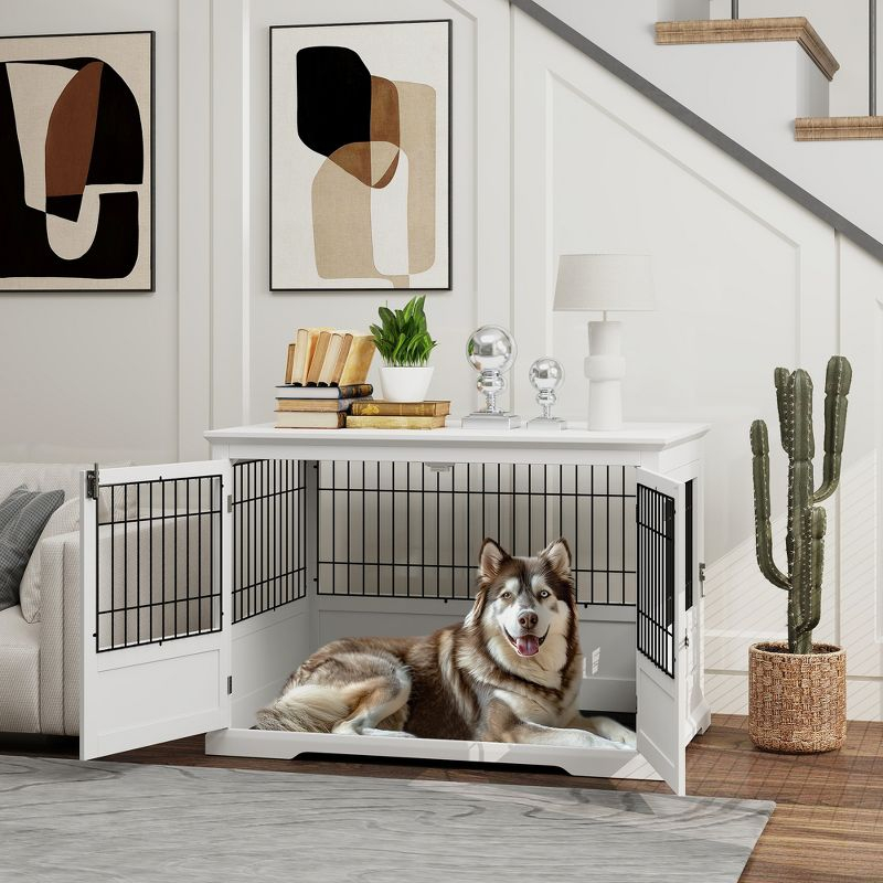 PawHut Dog Crate Furniture, 43" Dog Kennel End Table with 3 Doors, Removable Tray, for Extra Large Medium Small Dogs, Indoor Use, White