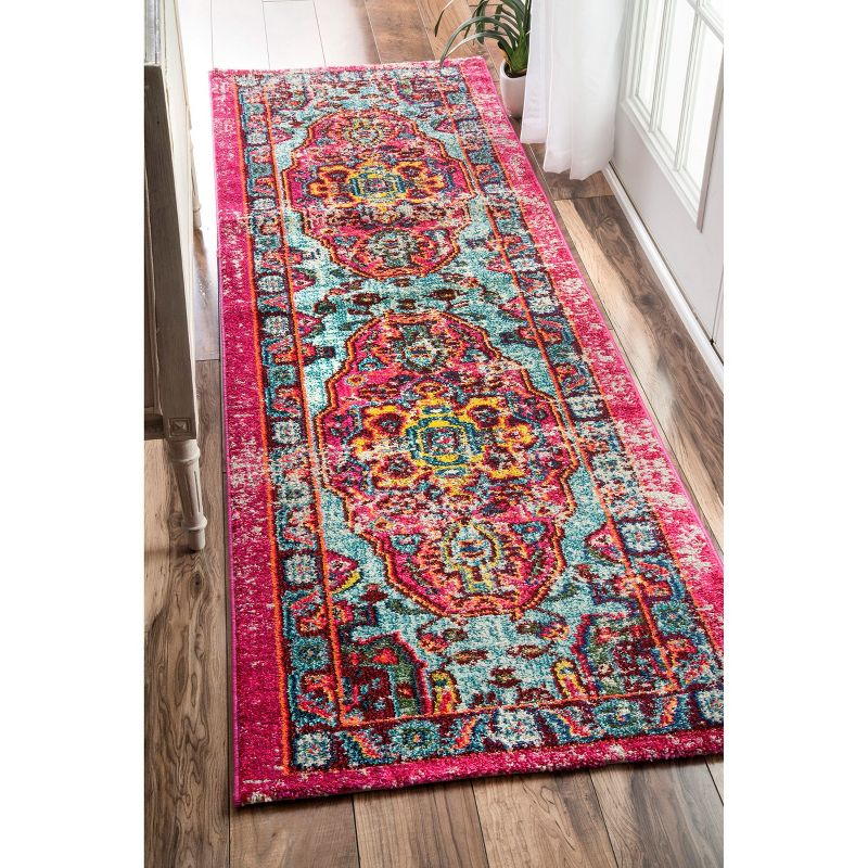 Nuloom Corbett Medallion 2x10 Runner Indoor Area Rug for Living Room Bedroom Dining Room Entryway Hallway Kitchen, Fuchsia/Ivory