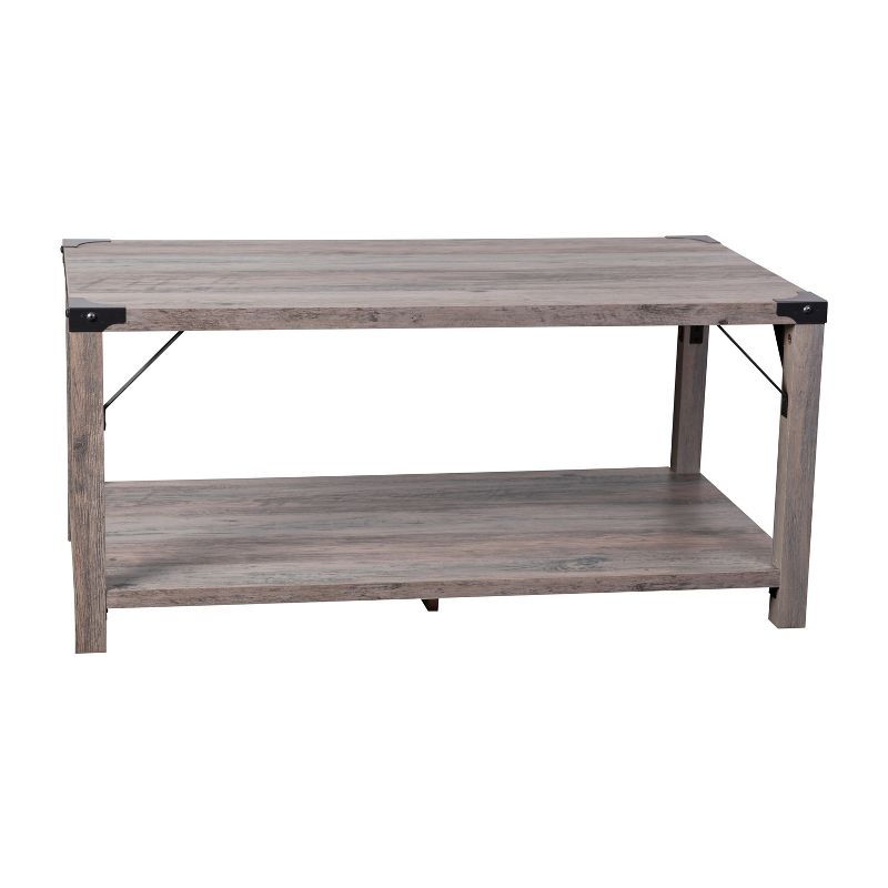 Flash Furniture Wyatt Modern Farmhouse Wooden 2 Tier Coffee Table with Black Metal Corner Accents and Cross Bracing, Gray Wash
