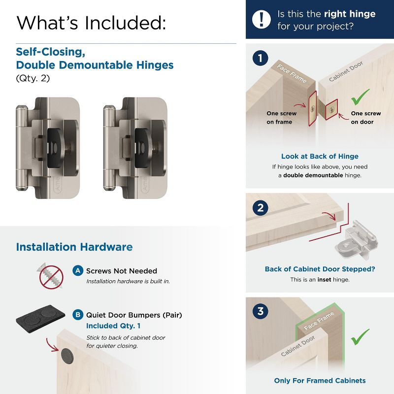 Amerock 3/8in (10mm) Inset Double Demountable Satin Nickel Cabinet Hinge - 1 Pair