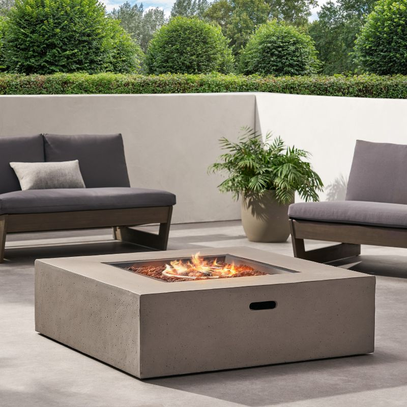 Aidan Outdoor 50000 BTU Light Weight Concrete Square Fire Pit Light Gray - Christopher Knight Home: No Assembly, Push Button Ignition