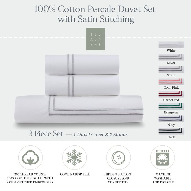 Ella Jayne 100% Cotton Percale 3 Piece Duvet Set, Full/Queen, White with Silver Satin Stitching