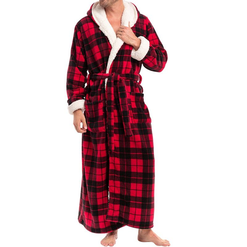 ADR Men's Warm Winter Plush Hooded Bathrobe, Full Length Fleece Robe with Hood Red Black Plaid with Cream Medium