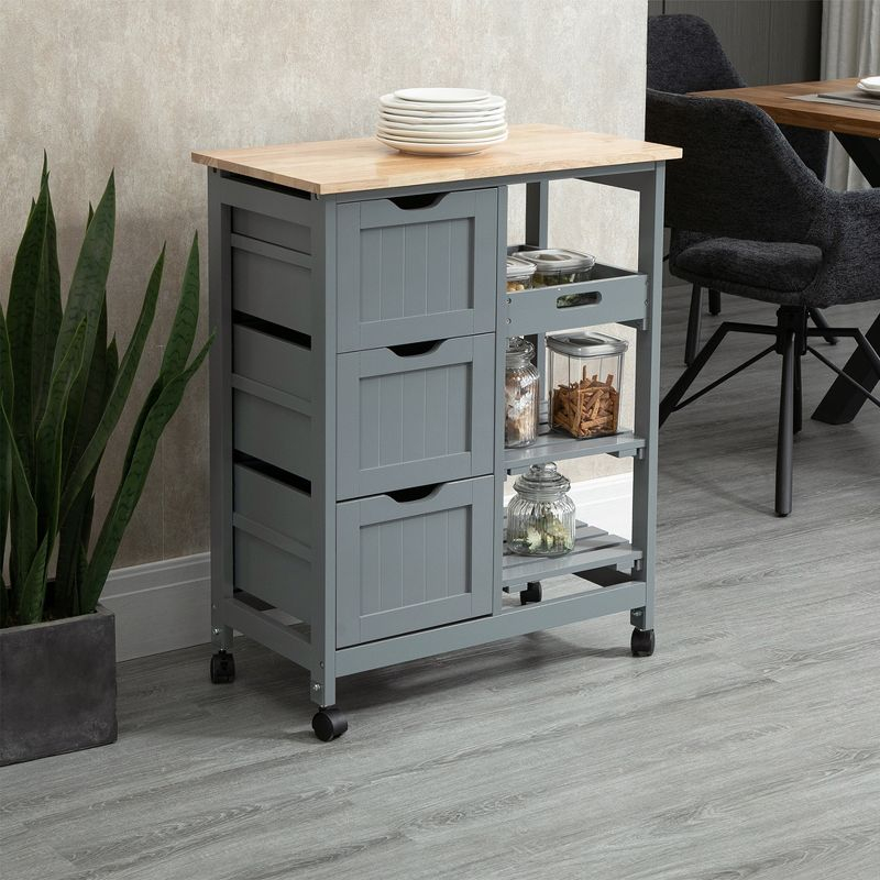 HOMCOM Rolling Kitchen Island Cart, Bar Serving Cart, Compact Trolley on Wheels with Wood Top, Shelves & Drawers for Home Dining Area, Gray
