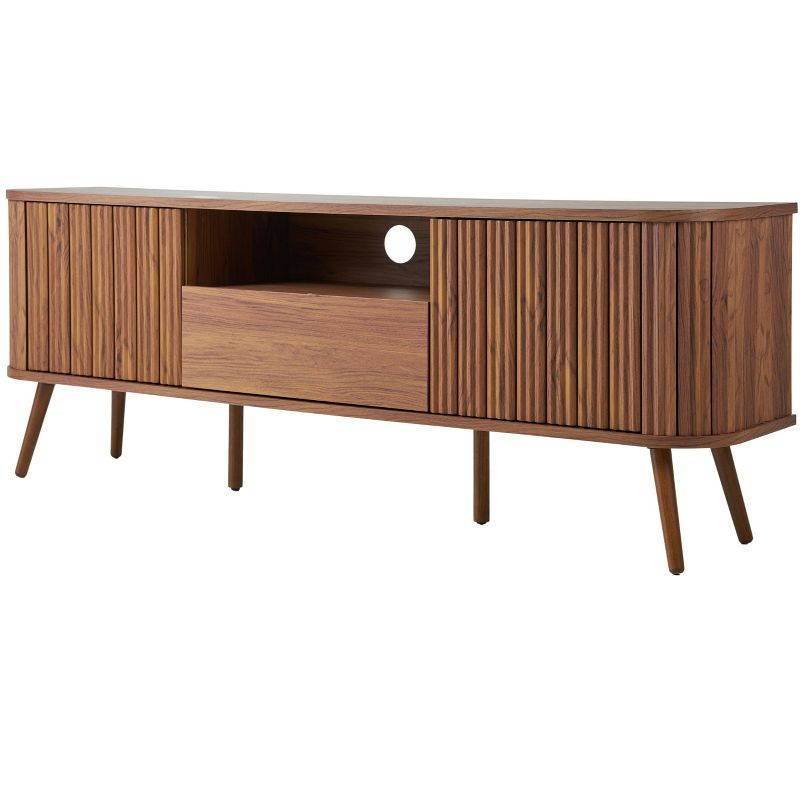 JONATHAN Y Damien 70 in. Farmhouse Curved TV Stand with Drawer and Storage Doors Fits TVs up to 75 in. with Cable Management, Walnut