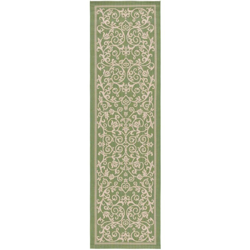 Courtyard CY2098 UV & Stain Resistant Non-Shedding Power Loomed Indoor/Outdoor Runner Rug - Olive/Natural - 2'3"x10' - Safavieh