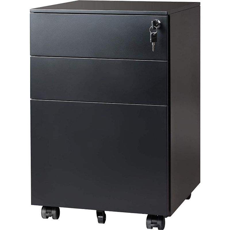 Locking File Cabinet, 3 Drawer Rolling Pedestal Under Desk Office, Fully Assembled Except Casters, Black