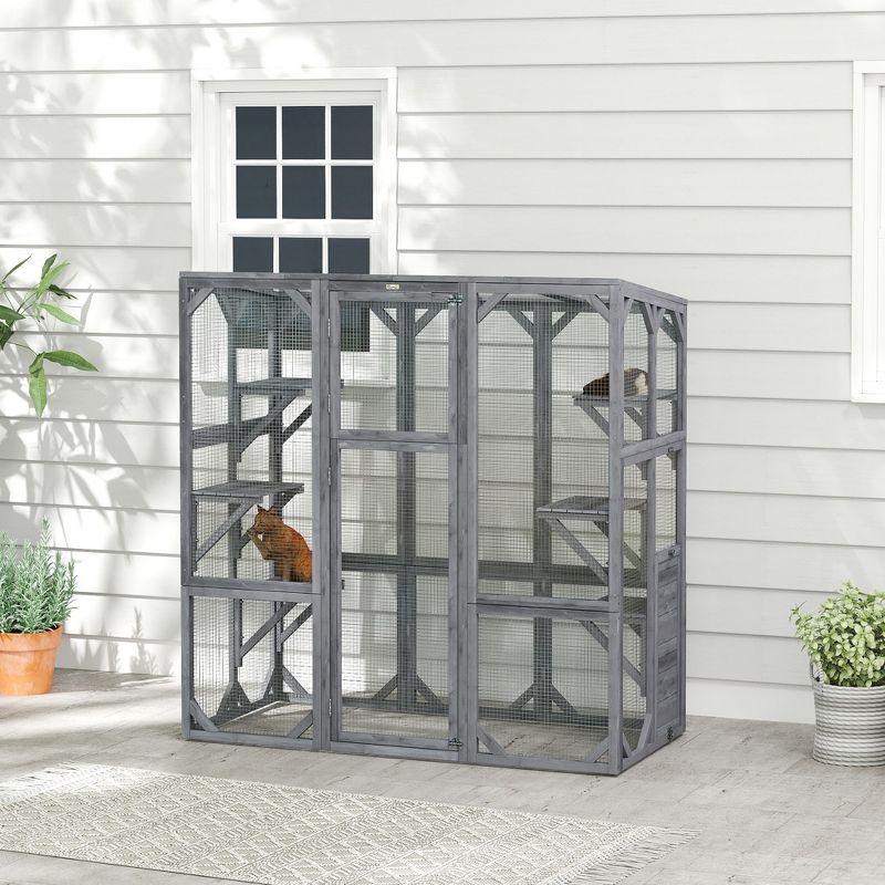 PawHut Catio Outdoor Cat Enclosure, Large Wooden Cat House with 6 Jumping Platforms, Weatherproof Roof, for 1-3 Cats, 59" x 28" x 60", Gray