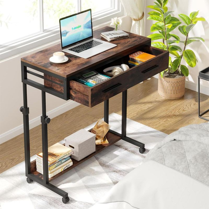 Tribesigns Portable Desk with Drawers, Mobile Laptop Desk with Wheels, Small Standing Desk for Home Office, Brown