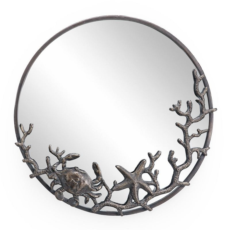 SPI Home Starfish and Crab Wall Mirror – 22" Round Cast Iron Frame with Coastal Marine Design, Rustic Bronze Sea Life Decor