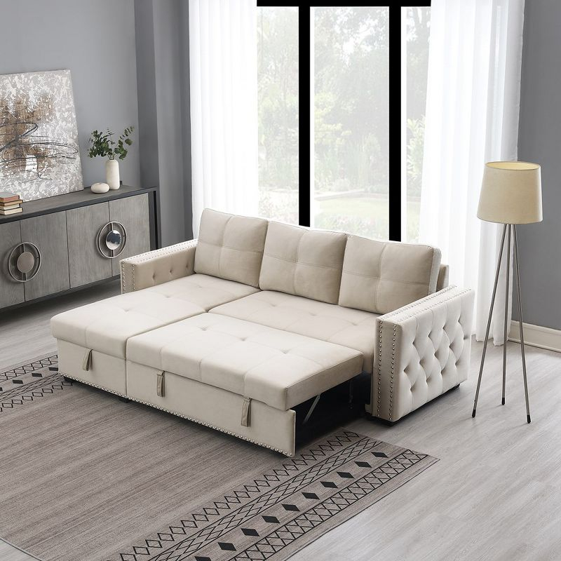 Velvet Sleeper Sofa Sectional Couch with Put Out Bed and Reversible Storage Chaise Beige - Morden Fort