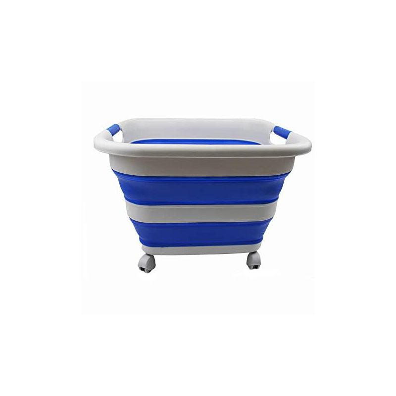 SAMMART 39L (10.3 Gallons)  Collapsible Plastic Laundry Basket with Wheels, Grey/Purplish Blue