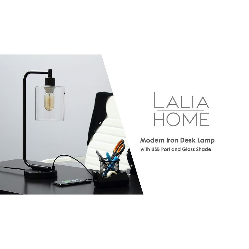 Modern Iron Desk Lamp with USB Port and Glass Shade White - Lalia Home: ETL Listed, No Assembly Required